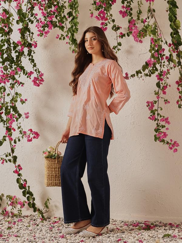 Ada Hand Embroidered Lucknowi Chikankari Cotton Short Kurti Top Tunic for Women A911492 Light Peach (M)