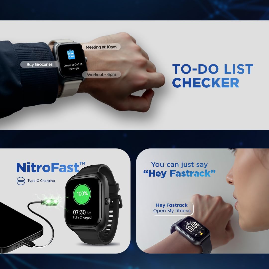 Fastrack VOX Plus 1.85” Smart Watch for Men & Women with TFT Display,to-do List,BT Calling, Offline Voice Commands, 24/7 Health Suite (SPO₂, HRM, Sleep), IP68, Games & Multiple Watch Faces