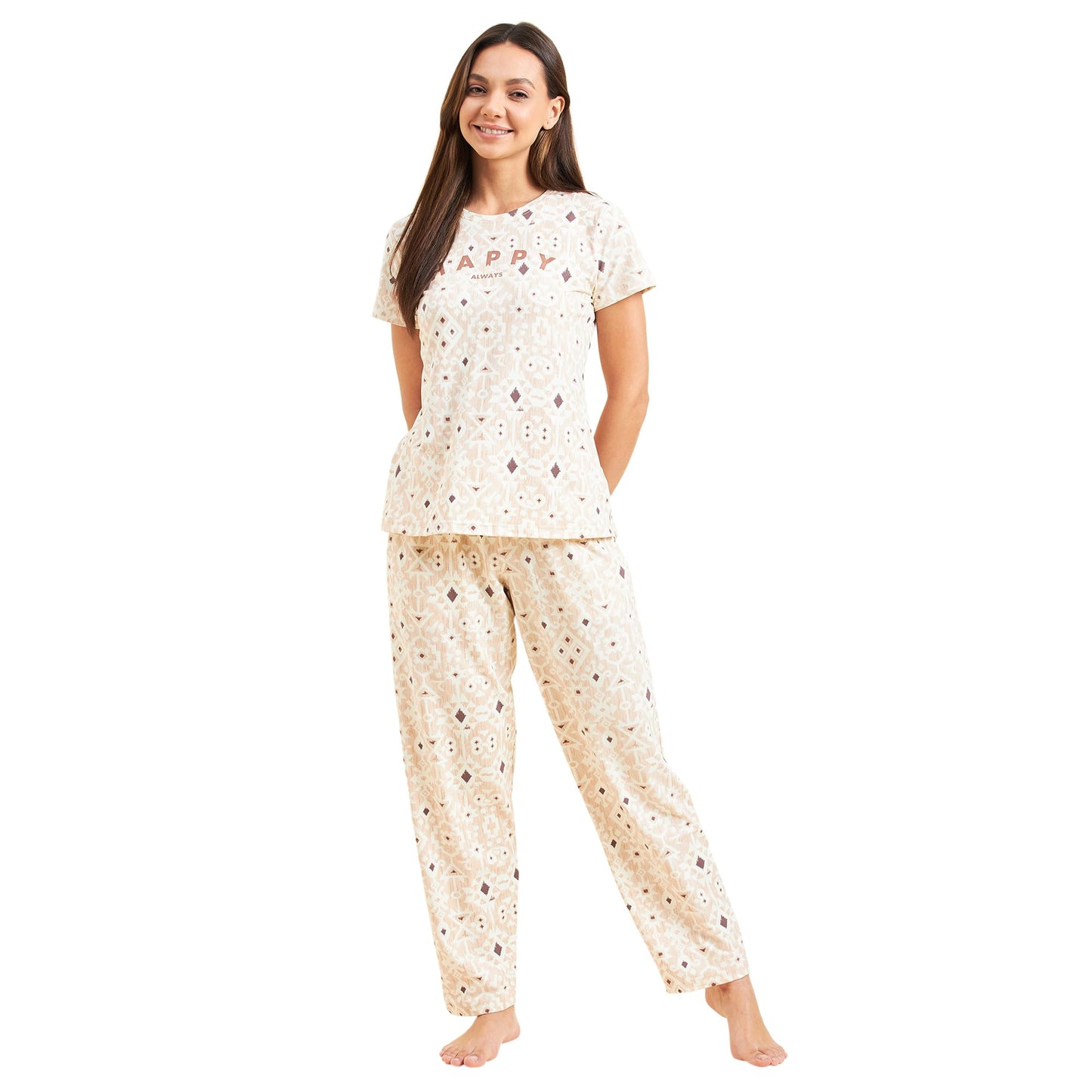 Sweet Dreams Women's Cotton Blend Geometric Pajama Set Pack of 2 (2001AXCO Butter XL)