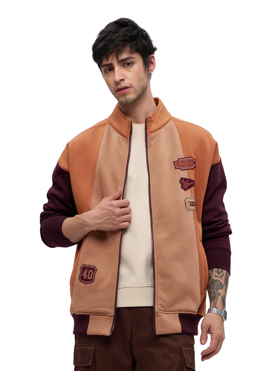 The Souled Store Ticket To Nowhere Men and Boys Long Sleeves Stand Collar Zipper Front Brown Cotton Blend Oversized Racer Jackets