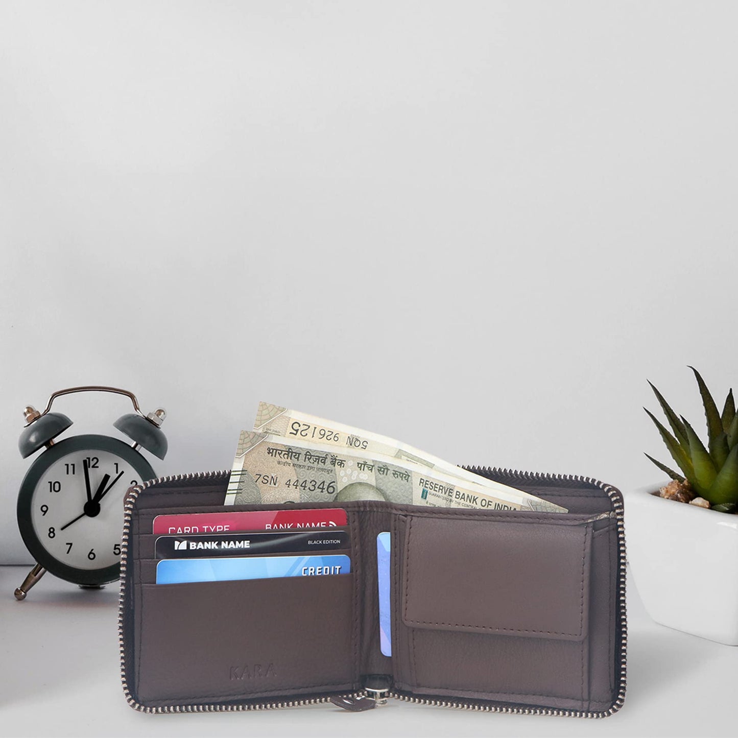 KARA Tan Zipper Men's Leather Wallet - Bifold Zipper Closing Wallet for Men with Coin Pocket and 3 Debit Card Holder Slot