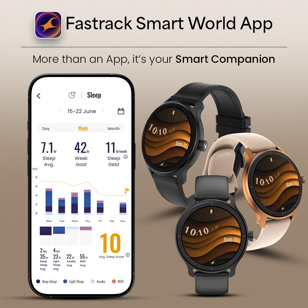 Fastrack Sleek 1.32" AMOLED 42mm Round Display Smart Watch with Hybrid Strap, QR Hub, BT Calling, SPO2, Hotkey, Functional Crown, IP68 Water Resistant Upto, 5 Days Battery Life - Onyx Black