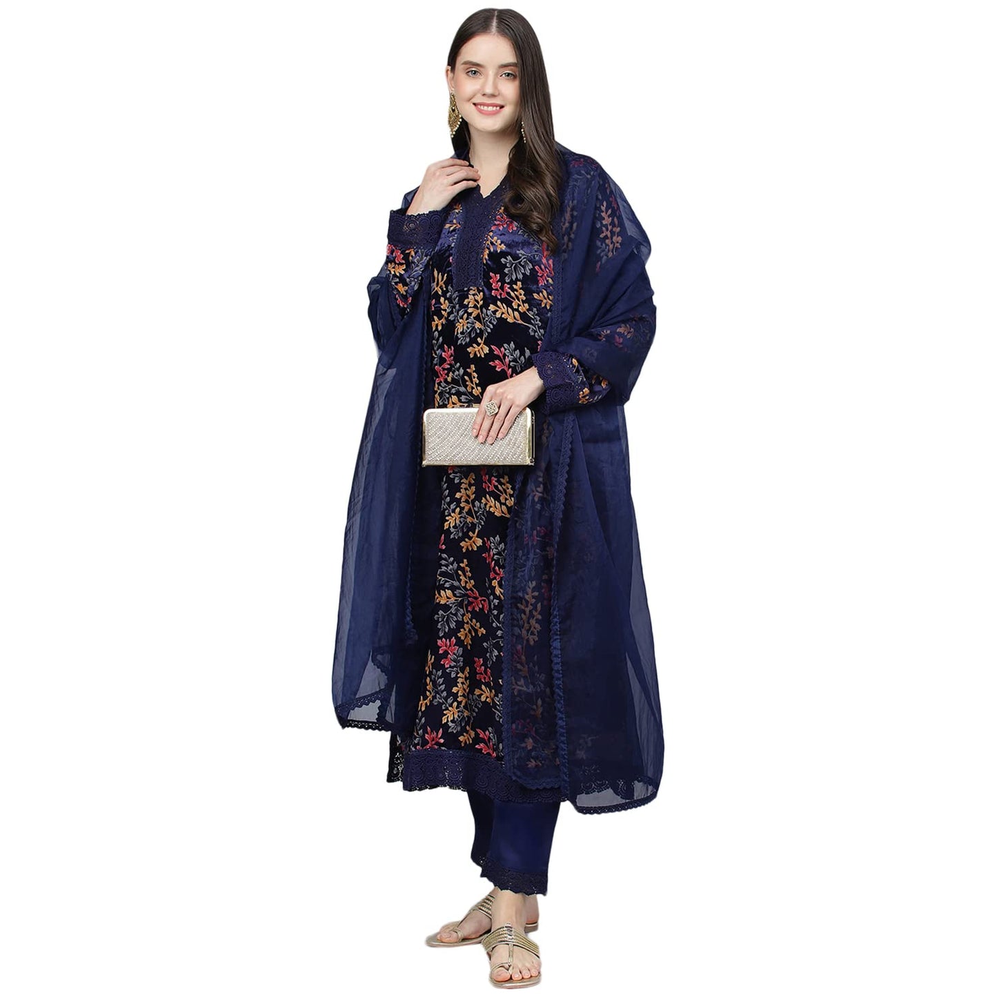 Divena Blue Floral Burn Out Valvet Kurta pant With Organza Dupatta set