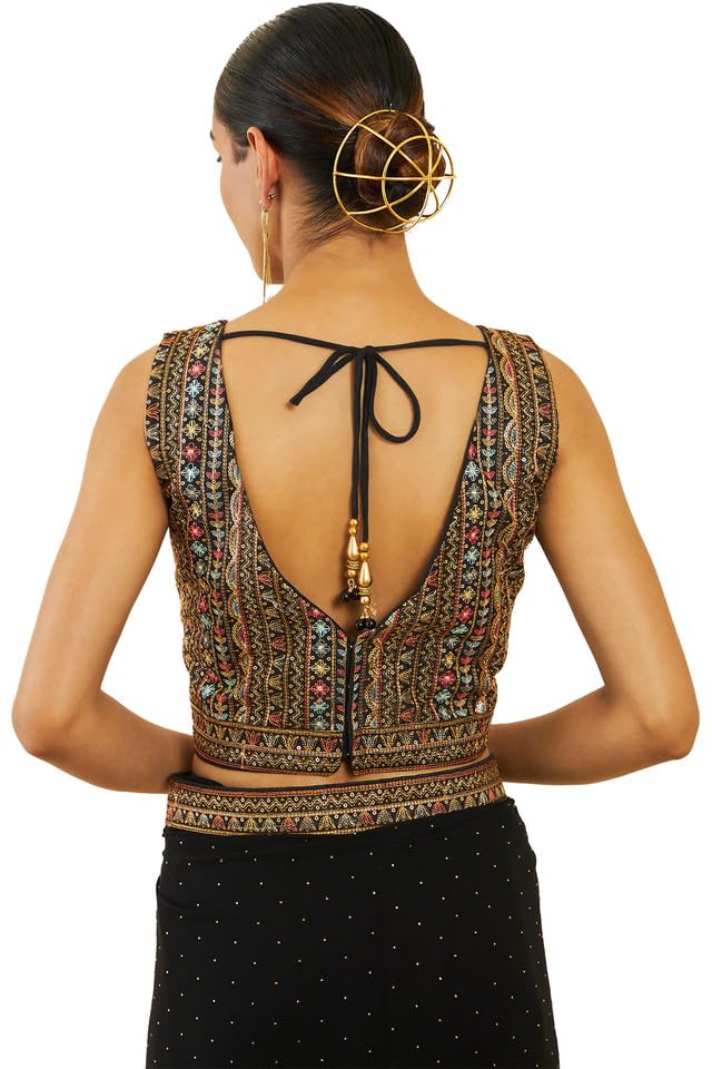 Soch Womens Black Georgette Saree With Stones And Embroidery