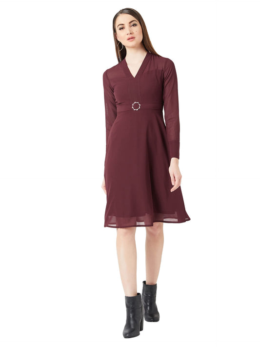 Miss Chase Women's Wine Red V-Neck Full Sleeve Solid Fit & Flare Midi Dress(MCSS20D14-39-184-03_Maroon_S)