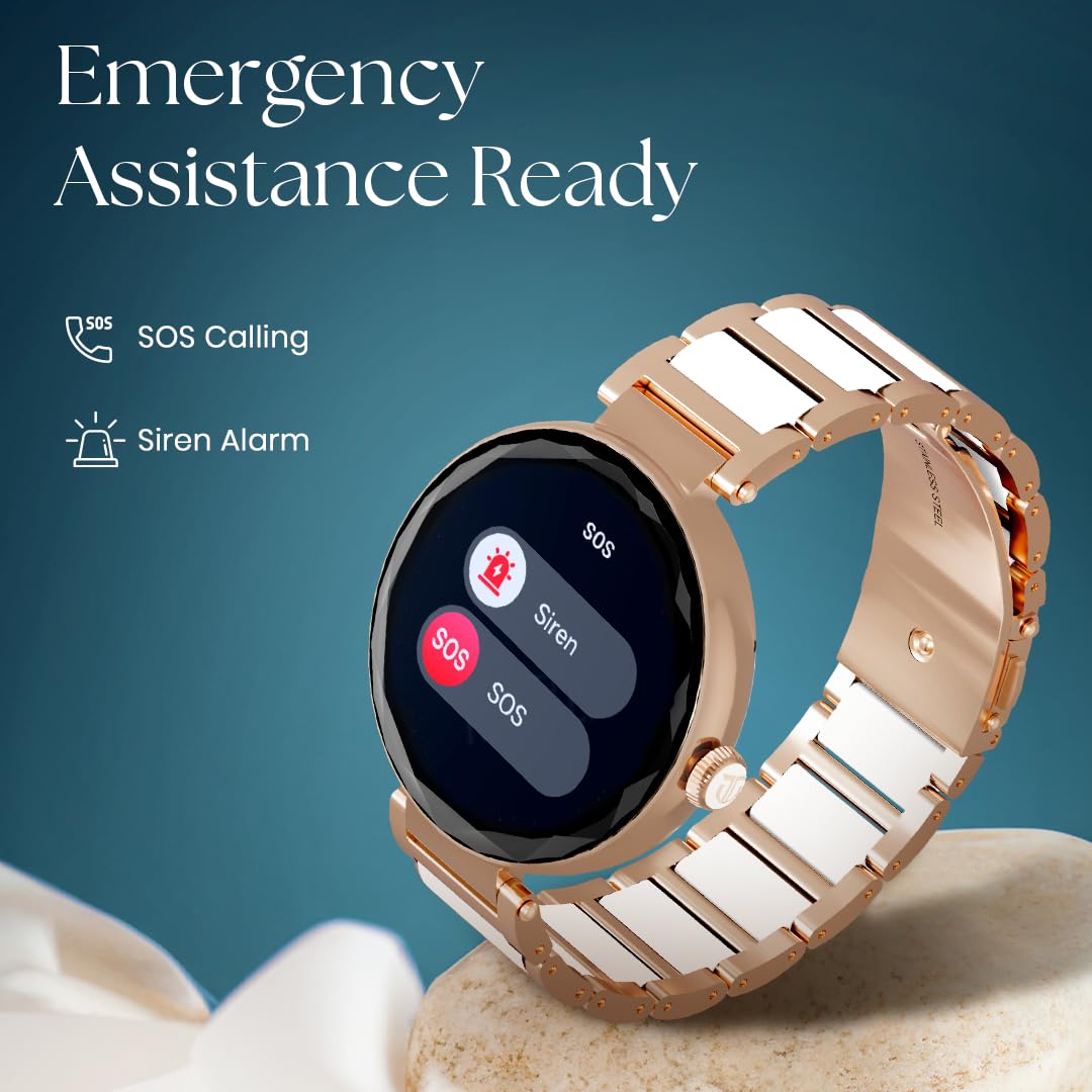 Titan Elixir 1.19" AMOLED Stainless Steel Smart Watch for Women Latest with Diamond Cut Design, SpO2, BP & Skin Temp Monitorings, Heart Rate, BT Calling, Voice Assistant, Water Resistant (Rose Gold)