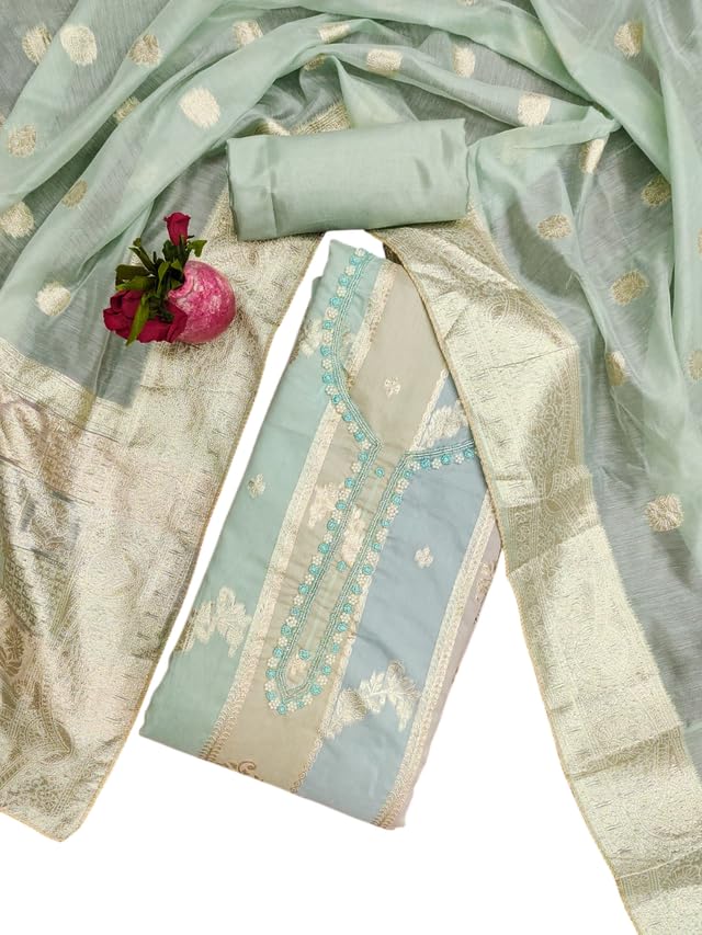 VARNI FABRICS Jacquard With Neck handwork Dress Material for Women Striped Unstitched Woman Salwar Suit Dress Material With Jacquard Dupatta Pastel Multicolors