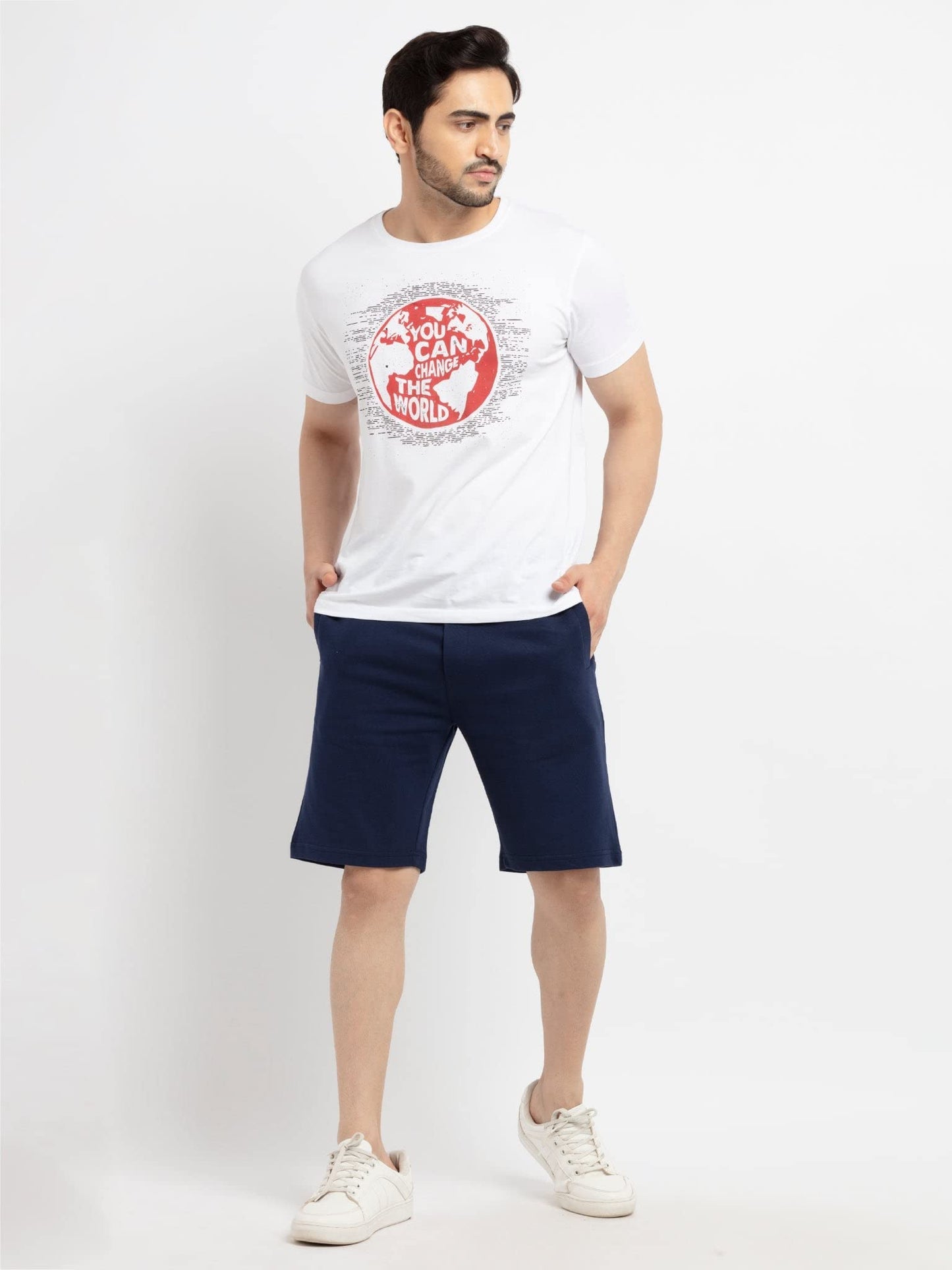 Status Quo Men’s Cotton Polyester Shorts | Breathable Activewear | Knee-Length | Elastic Waistband with Drawstring | Gym Running Hiking Casual Wear Navy