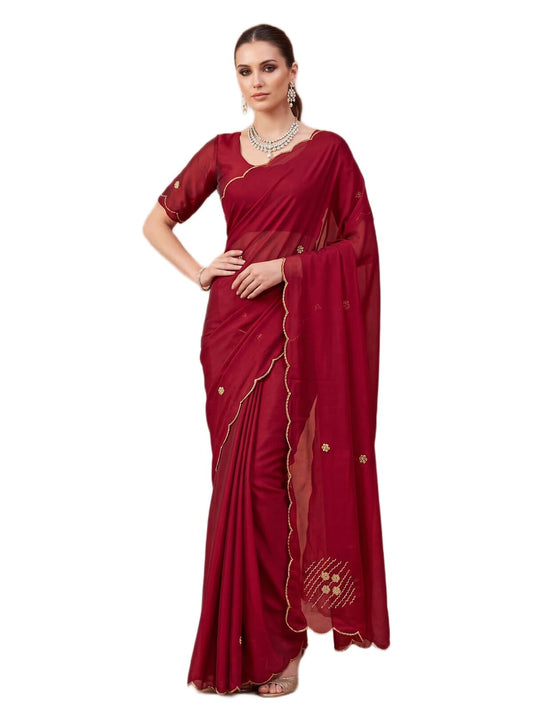SIRIL Women's Silk Scalloped Border Saree with Unstitched Blouse Piece (5077S843A_Maroon)
