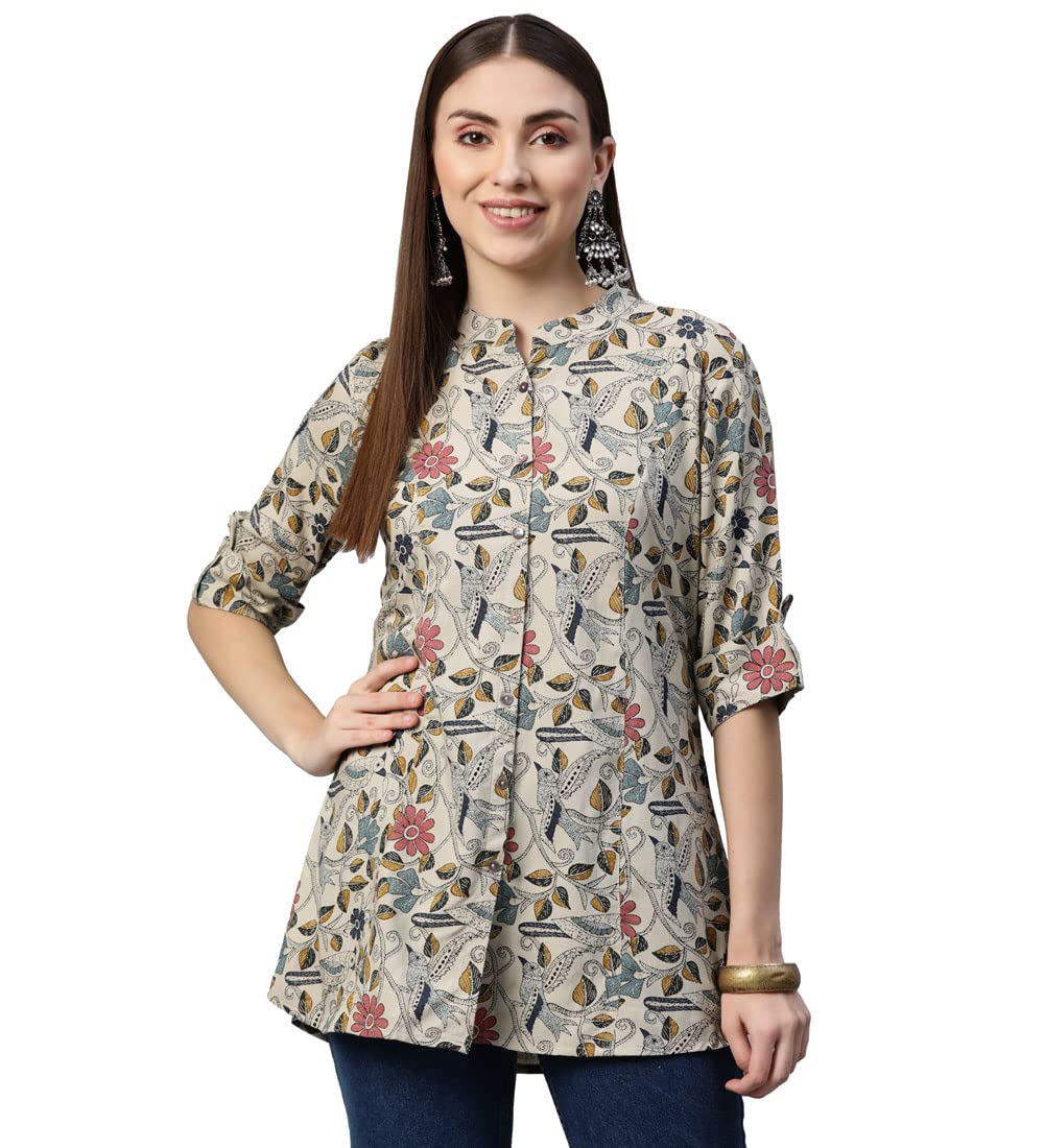 Divena Women Beige Multi Floral Rayon A-Line Regular Fit Shirts Style Top (Dbk0482-Xl)