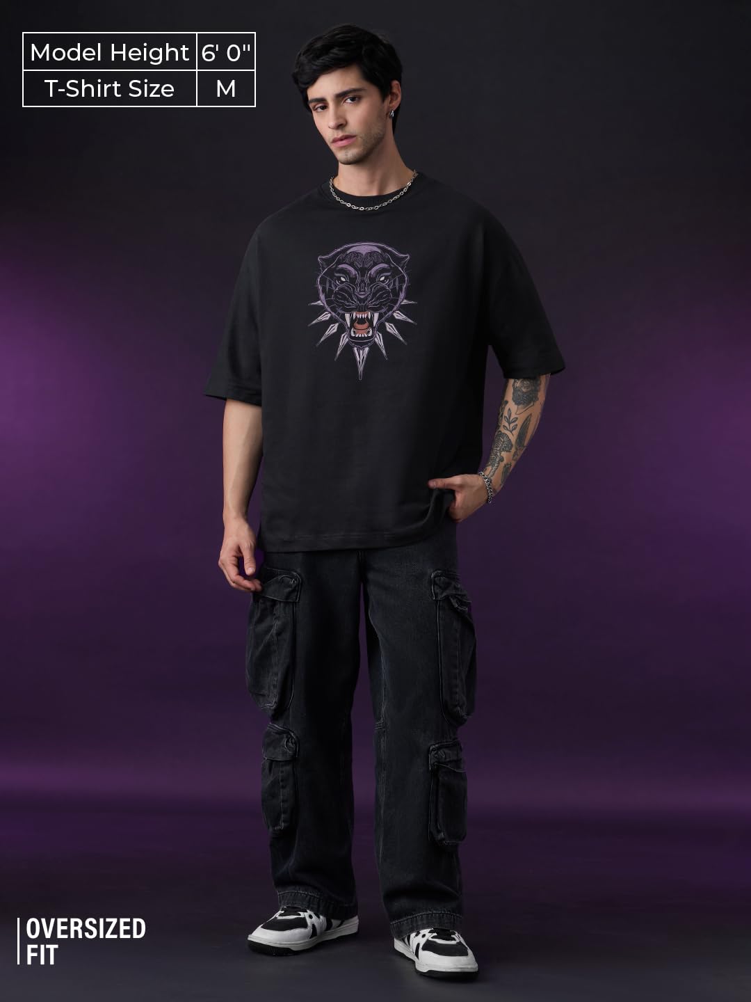 The Souled Store Black Panther: Royal Rule Men and Boys Short Sleeves Round Neck Black Graphic Printed Distressed Casual Streetwear Drop Shoulder Cotton Oversized T-Shirt