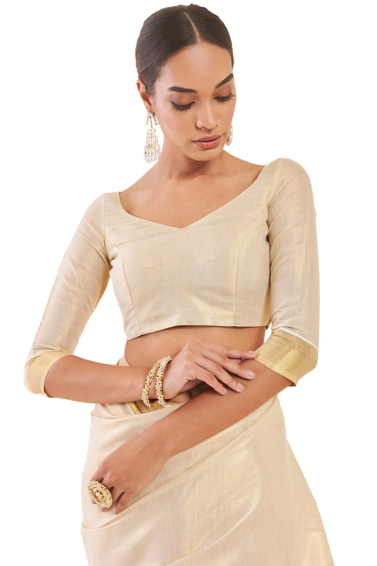 Soch Women Gold Tissue Kasavu Saree With Zari Pallu And Borders