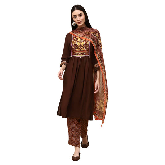 Biba Women's 30'S Rayon Kurta Set (SKDCHAR8178ESS25BRN_Brown