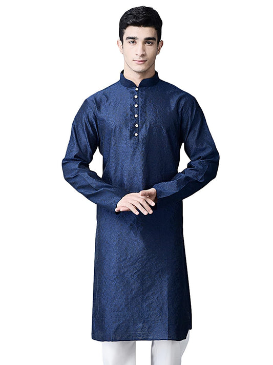 SGDONOR Knee Length Stylish Navy Kurta for Men | Textured Jacquard |Ethnic Wear for Men | Party and Weeding wear Kurta