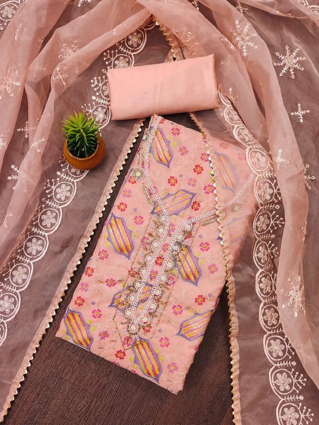 VARNI FABRICS Organza Dress Material for Women Geometric Unstitched Woman Salwar Suit Dress Material With Organza Dupatta Peach Pink