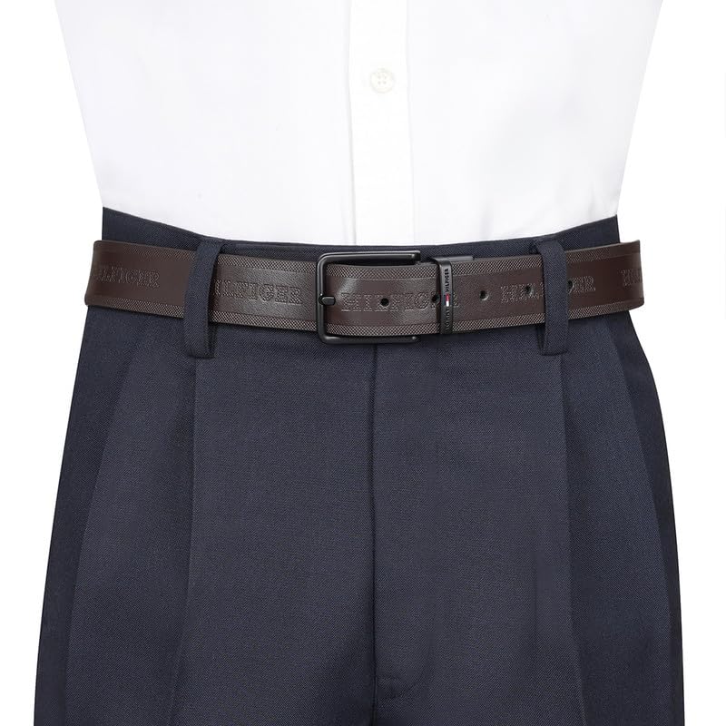 Tommy Hilfiger Men's Voborg Reversible Leather Belt - Embossed Logo Pattern - Dual Brown & Black For Classic Casual Styling & Gifting | Size M - 90 CM