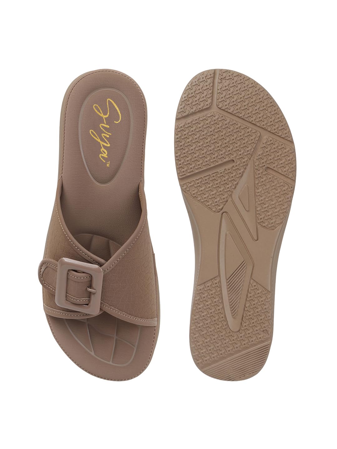 Elegant Slide Women Sandals with Bold Buckle and Soft Quilted Footbed for Everyday Comfort (Chiku, UK Footwear Size System, Adult, Women, Numeric, Medium, 9)