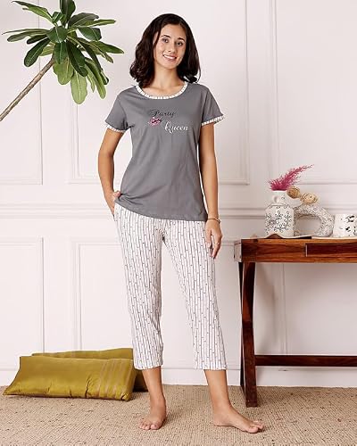 BODYCARE Women's Cotton Printed T-Shirt and Capri Set | Soft & Breathable Nightwear | Short Sleeves | Loungewear Co-Ord Set| BSCS16040_100 Multicolour