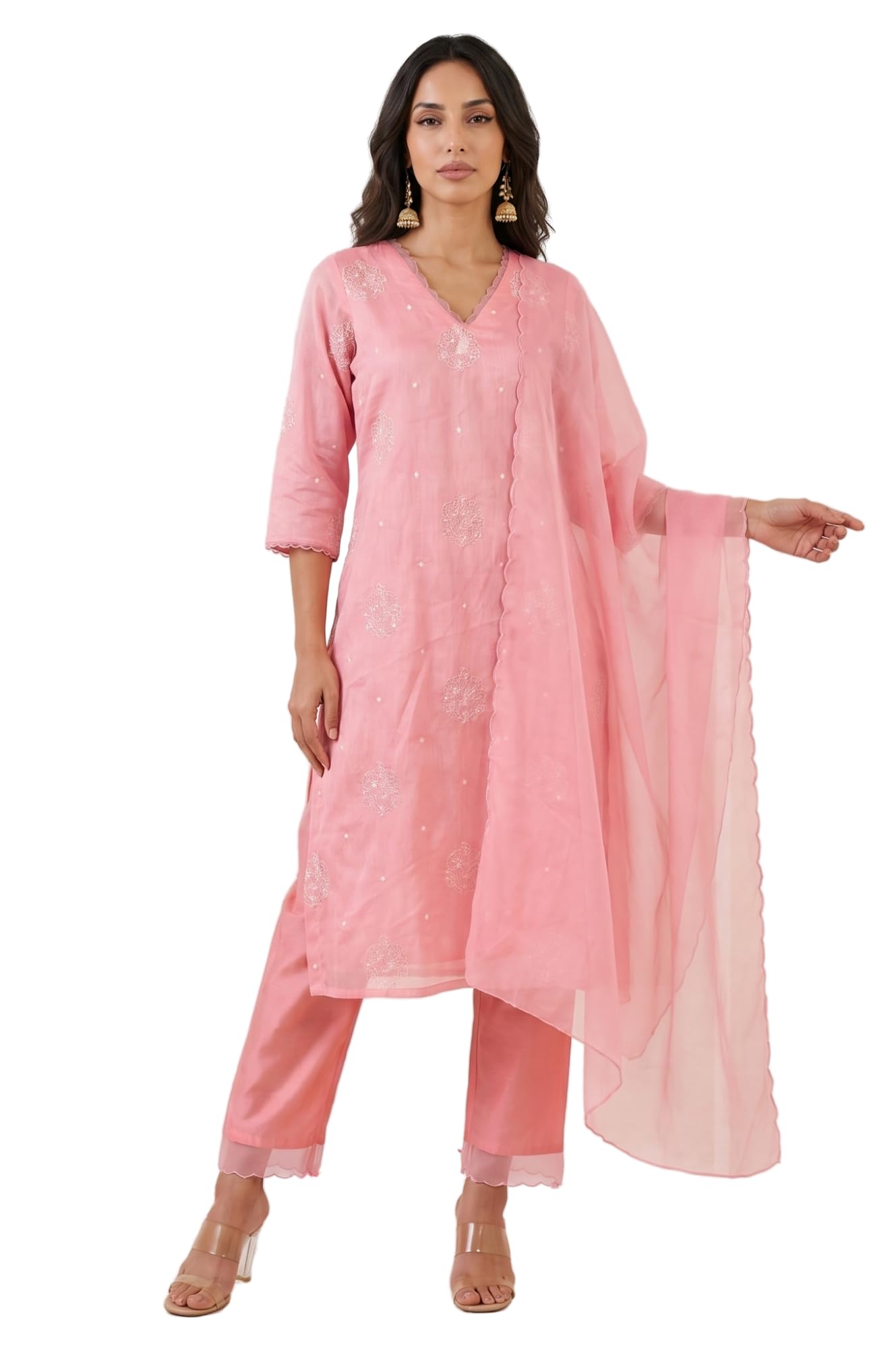 W for Woman Pink Thread Embroidered Chanderi Straight Kurta with Pants and Dupatta Set - (WS13881-401118-XL)