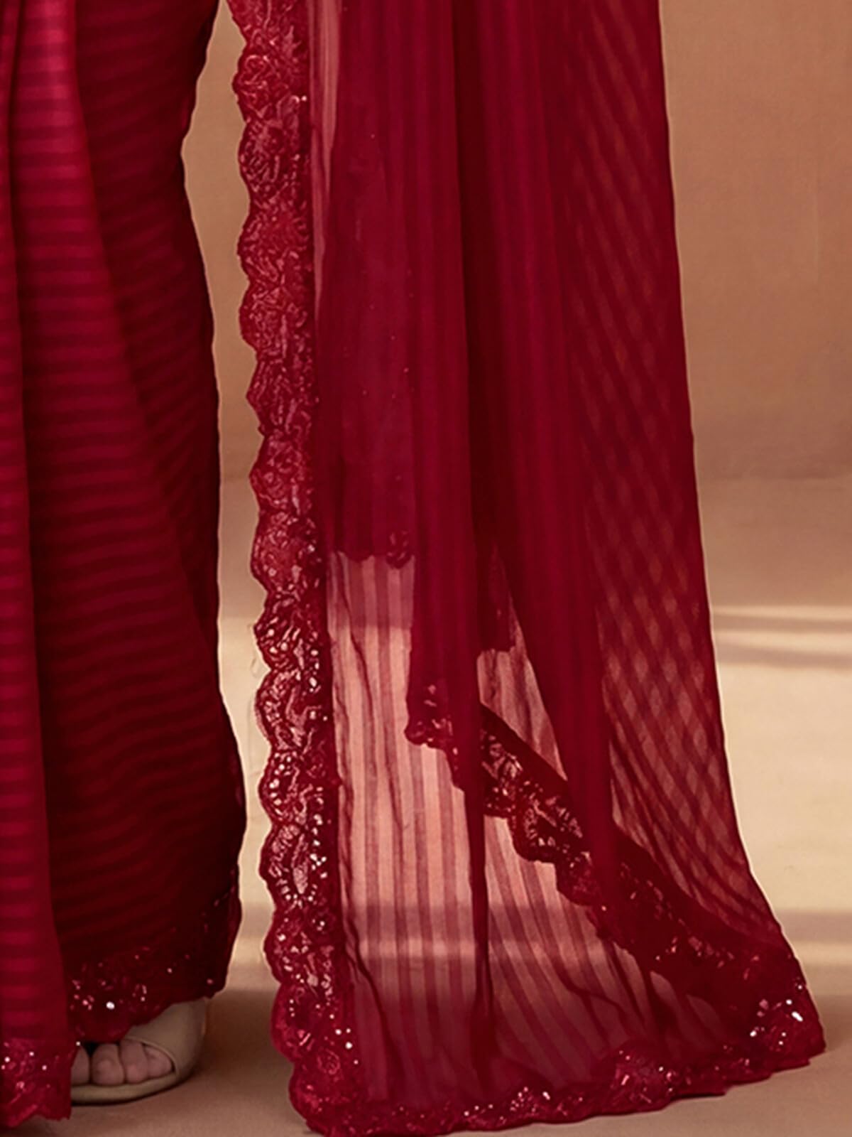 SIRIL Women's Georgette Stripes Embellished Saree with Unstitched Blouse Piece (2992S2671AAAA_Red)