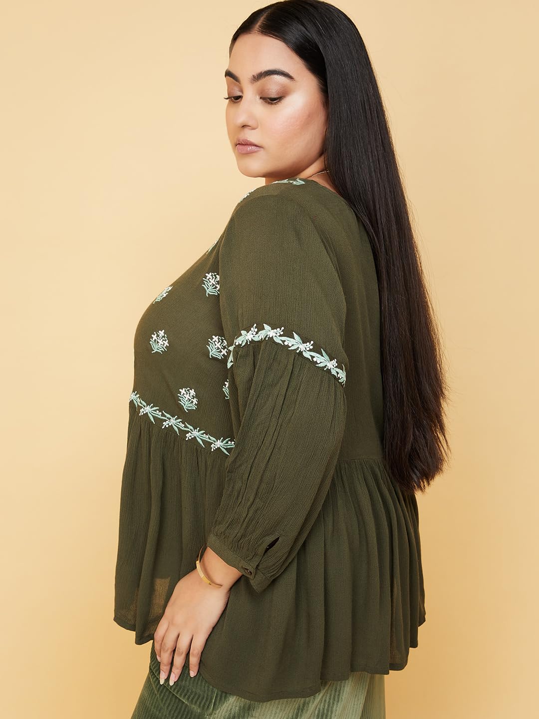 Max Women Rayon Regular Fit Plus Size Embroidered Gathered Top (EMB3101P_Olive Green)