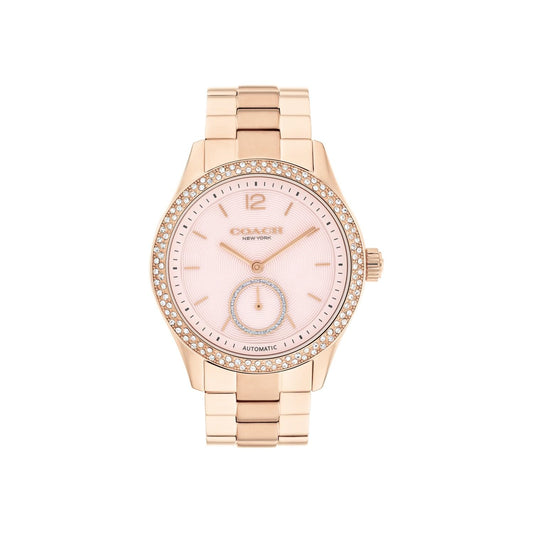 Coach Brooks Mech-Automatic Pink Round Dial Women's Watch|Ionic Plated Rose Gold Steel Material|Rose Gold Color Band - 14504488