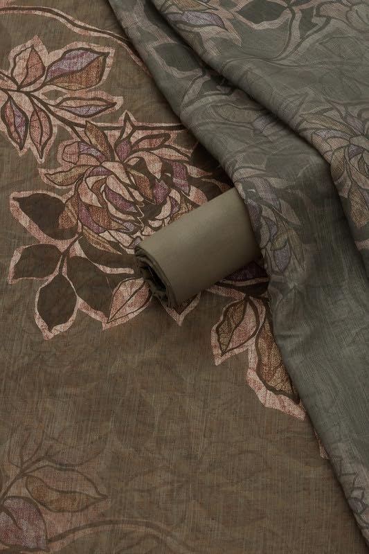 Soch Womens Olive Linen Floral Unstitch Dress Material With Beads And Stones