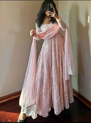 SIRIO CRAFT Women’s Peach Pink Embroidered Anarkali Gown with Dupatta Ethnic Dress for Wedding & Festive (in, Alpha, L, Regular, Woman, pich Pink)