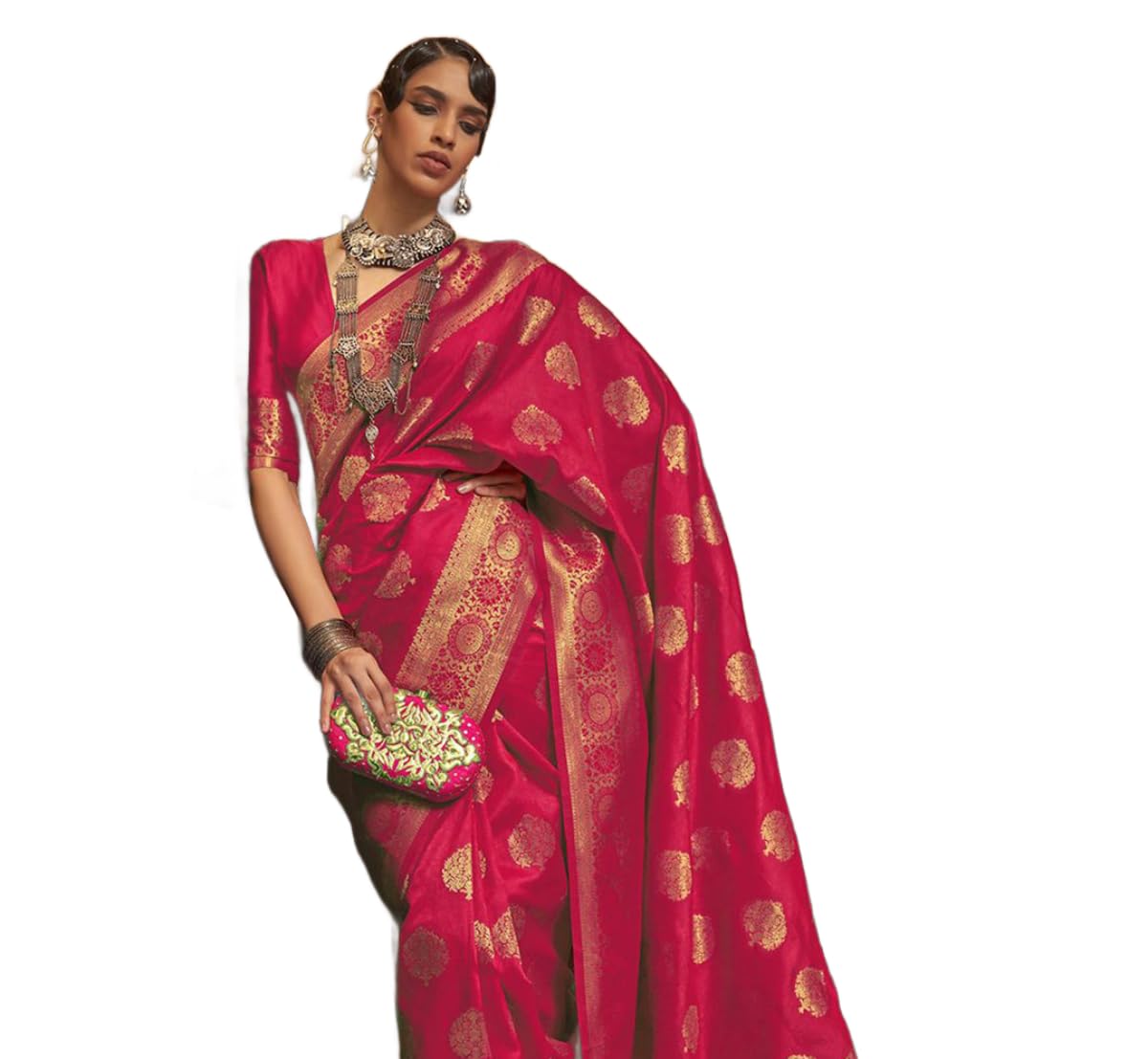 SWORNOF Womens Kanjivaram Banarasi Silk Saree Patola saree with Unstitched blouse piece (RANI)