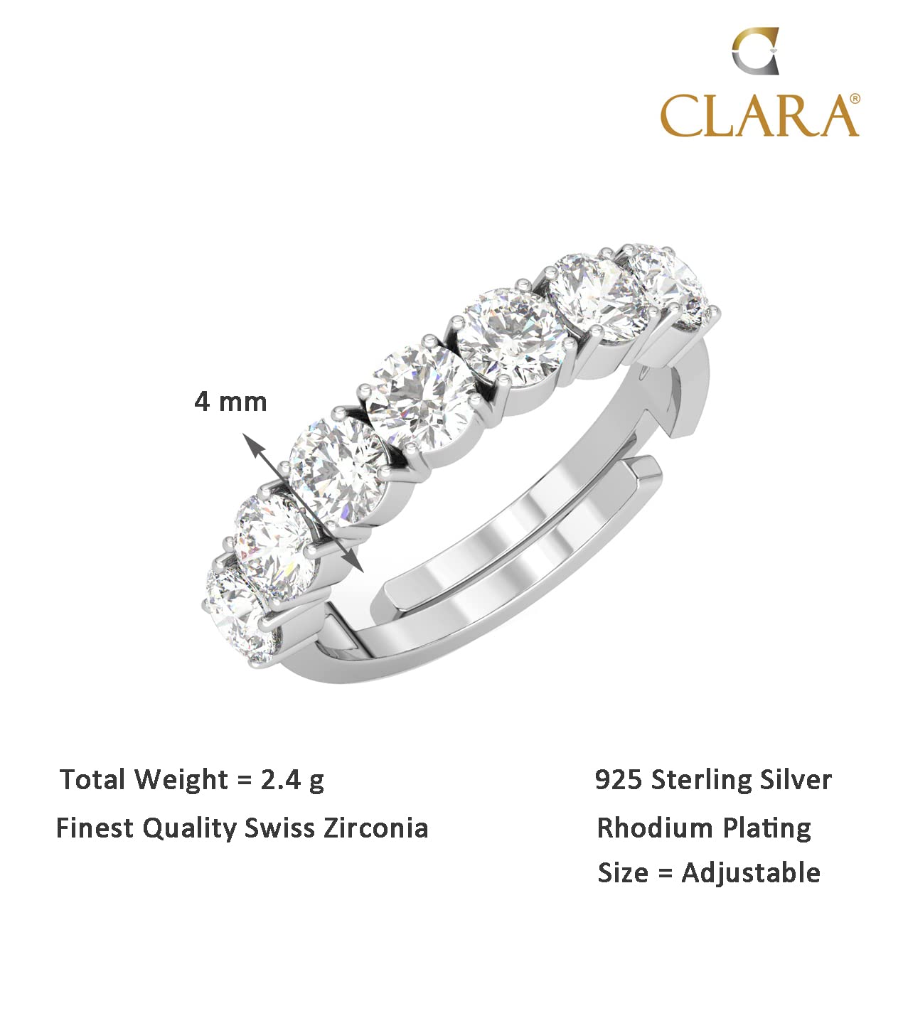 CLARA Pure 925 Sterling Silver 7 Stone Eternity Finger Ring with Adjustable Band | Gift for Women Girls Wife Girlfriend | Swiss Zircon Rhodium Plated