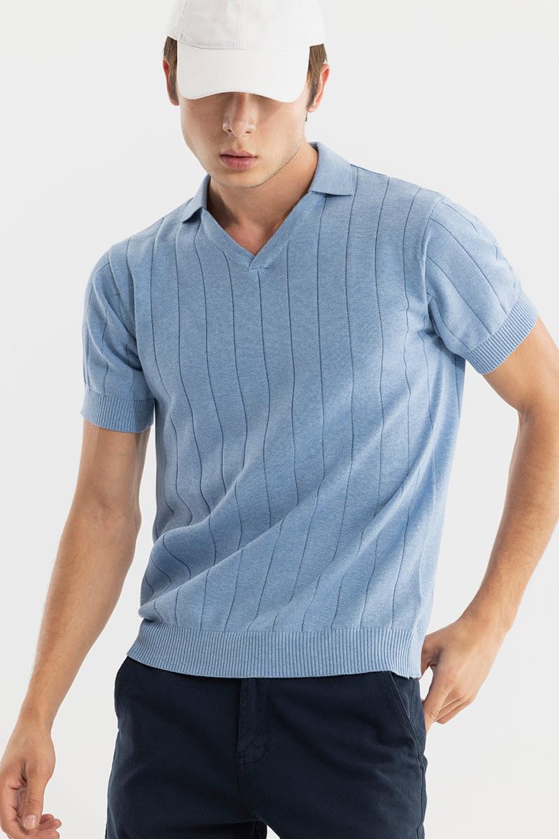 SNITCH Men's Polo T-Shirt | Textured Slim Fit Half Sleeve Self-Design | Breathable 100% Cotton Casual & College Wear Everyday Stylish Polo for Men | Light Blue