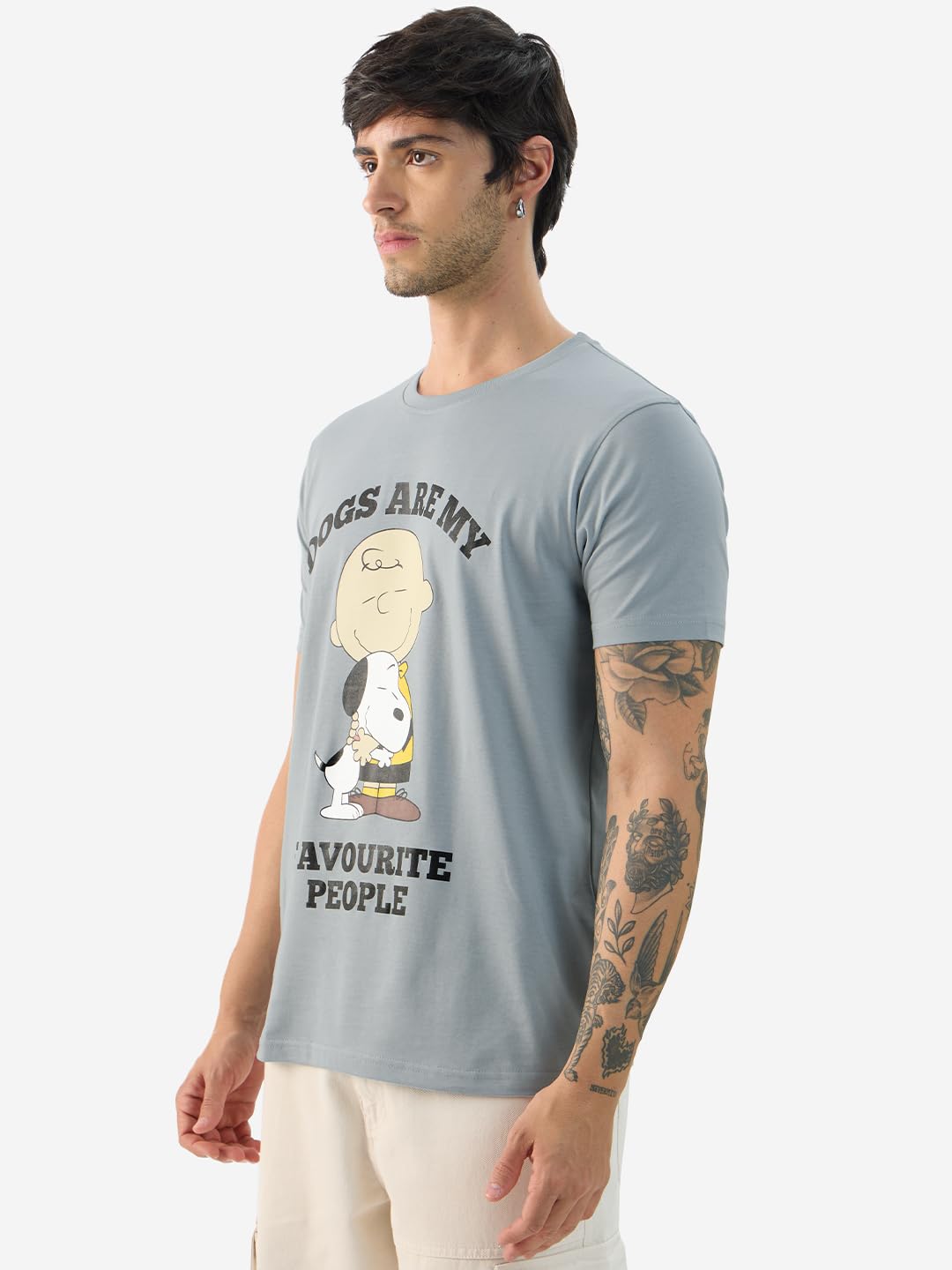 The Souled Store Official Peanuts: Favorite Dog Men and Boys Short Sleeve Round Neck Blue Graphic Printed Regular Fit Cotton T-Shirts