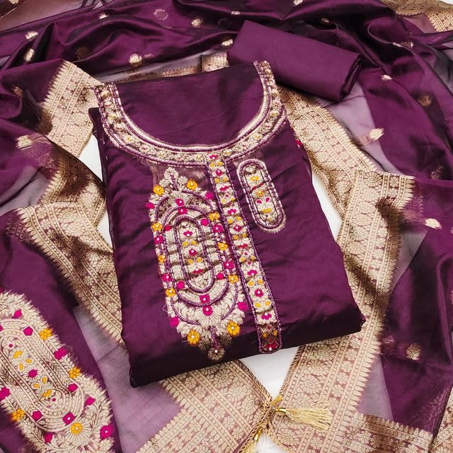 VARNI FABRICS Jacquard with Handwork Dress Material for Women Solid Unstitched Woman Salwar Suit Dress Material with Jacquard Dupatta Deep Purple