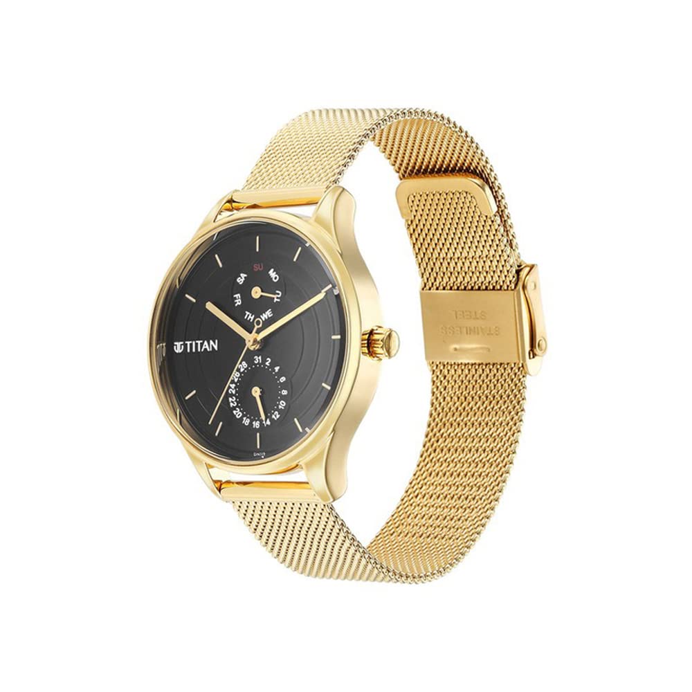 Titan Workwear Neo Workdays Quartz Multifunction Black Dial Gold Stainless Steel Strap Watch for Women - NS2670YM02