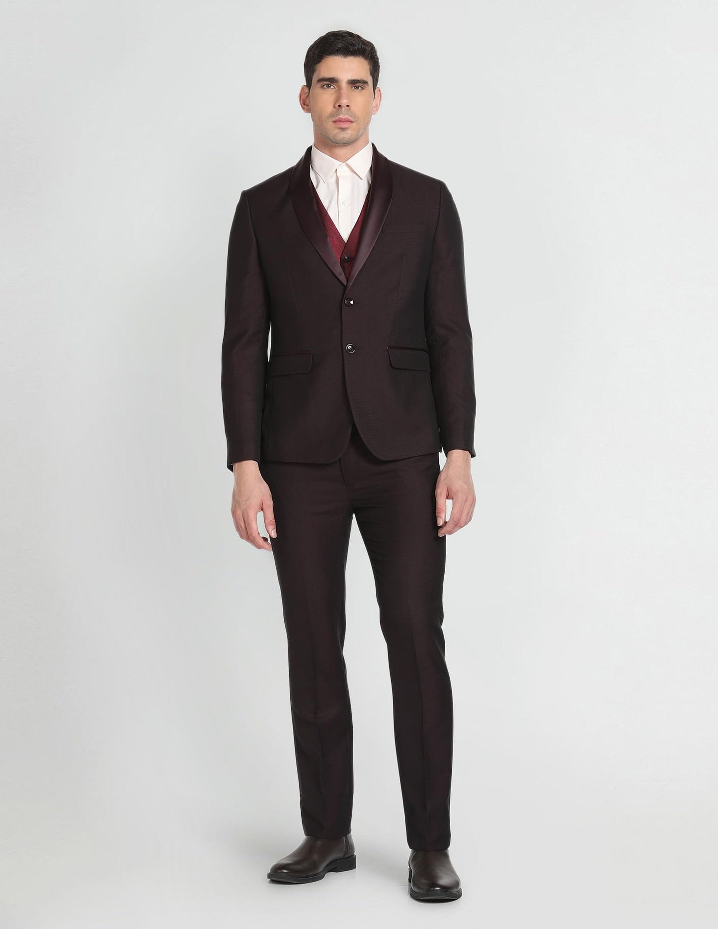 Arrow Men's Polyester Double Breasted Business Suit Pants Set (ARAGSU5523_Maroon_42)