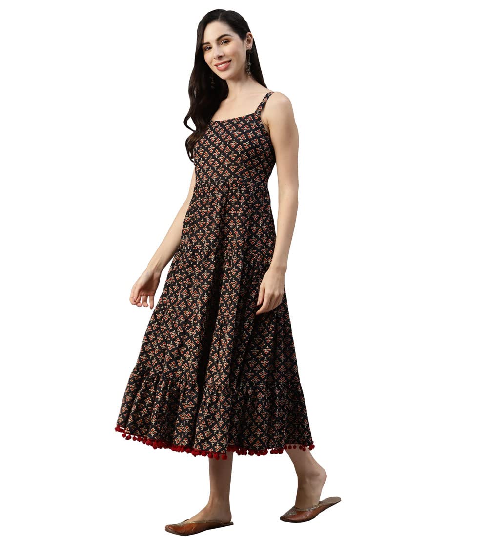 Divena Women Black Floral Printed Fit and Flare Shoulder Strip Long Dress,Medium