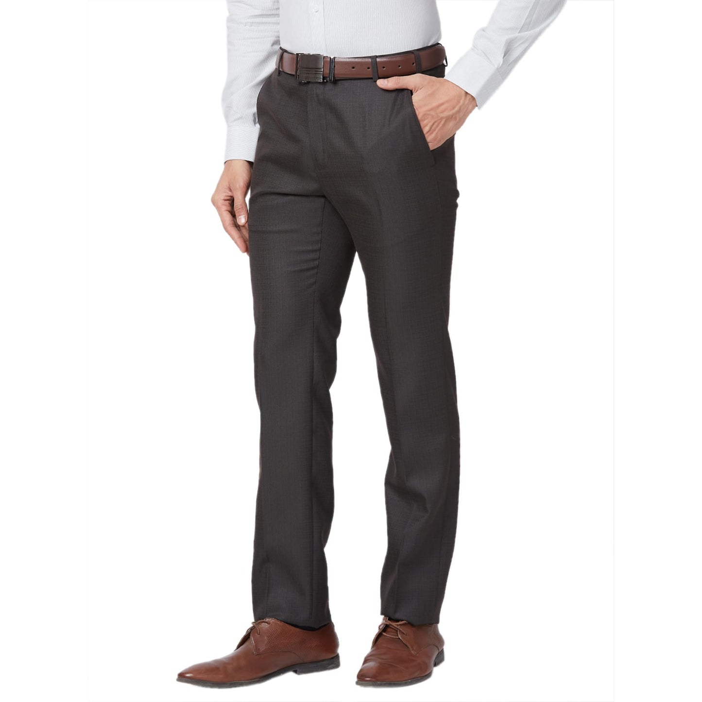 Raymond Men's Slim Fit Formal Trousers, Poly Viscose Blend, Structure Pattern | Medium Brown