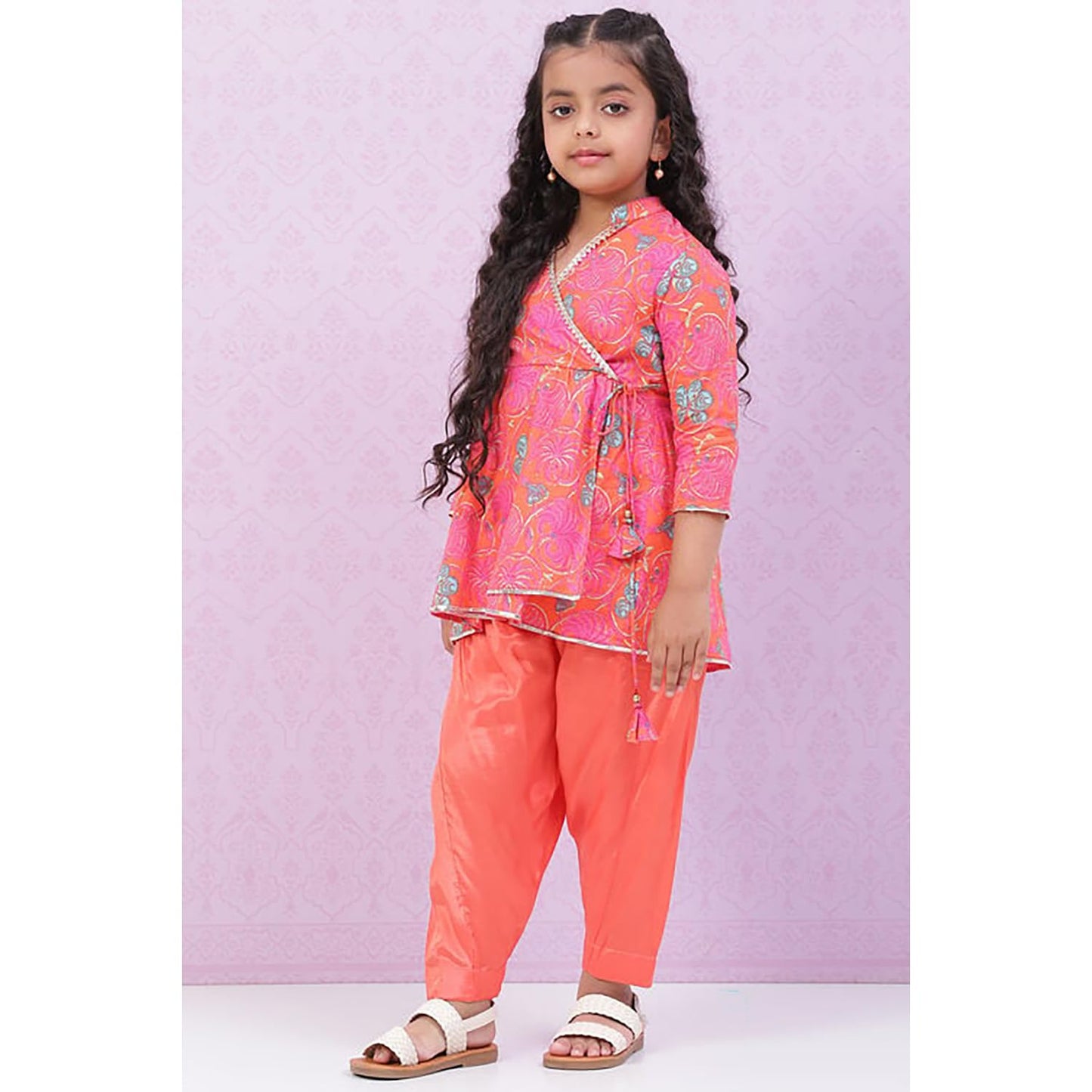 BIBA Girls Cotton Flared Printed Suit Set(KW5045E_15_Orange)