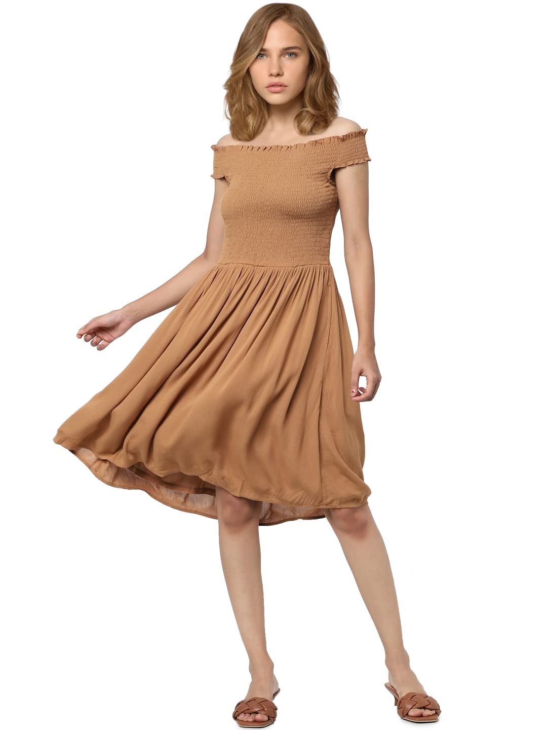 Only Women's Viscose A-Line Knee-Length Dress (15280970-Tobacco Brown_Tobacco 38)