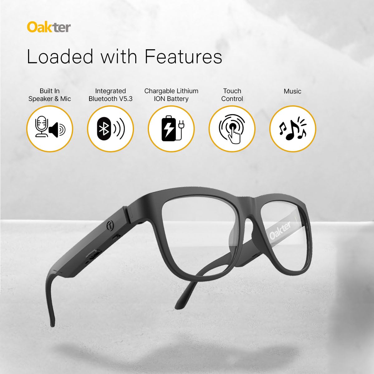 OAKTER Smart Glasses with Wireless Bluetooth | Hands-Free Calling | Open Ear Music | Sport Headset | Intelligent Eyewear | Connect with Your Mobile/Tablet | Black