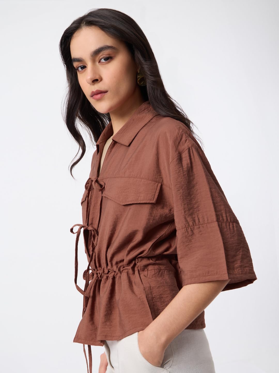 The Souled Store Cocoa Dust: Women and Girls Half Sleeves Spread Collar Brown Solid Viscose Nylon Regular Fit Comfortable All-Season Casual Wear Shirt