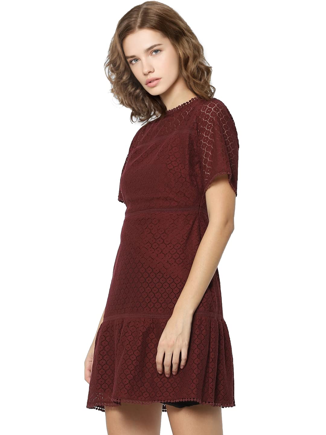 Only Women's Above The Knee Dress (15261118-Fig_Fig_Maroon_XS)