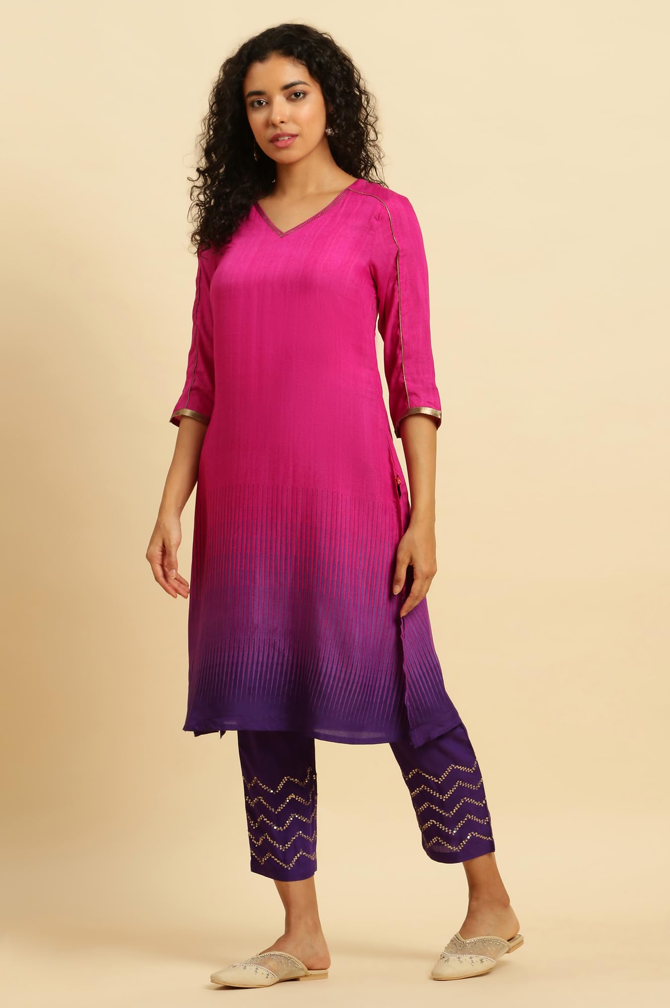 W for Woman Magenta Pink Ombre A-Line Kurta, Pants And Dupatta Set (Size: L)-23AUWS19959-122259