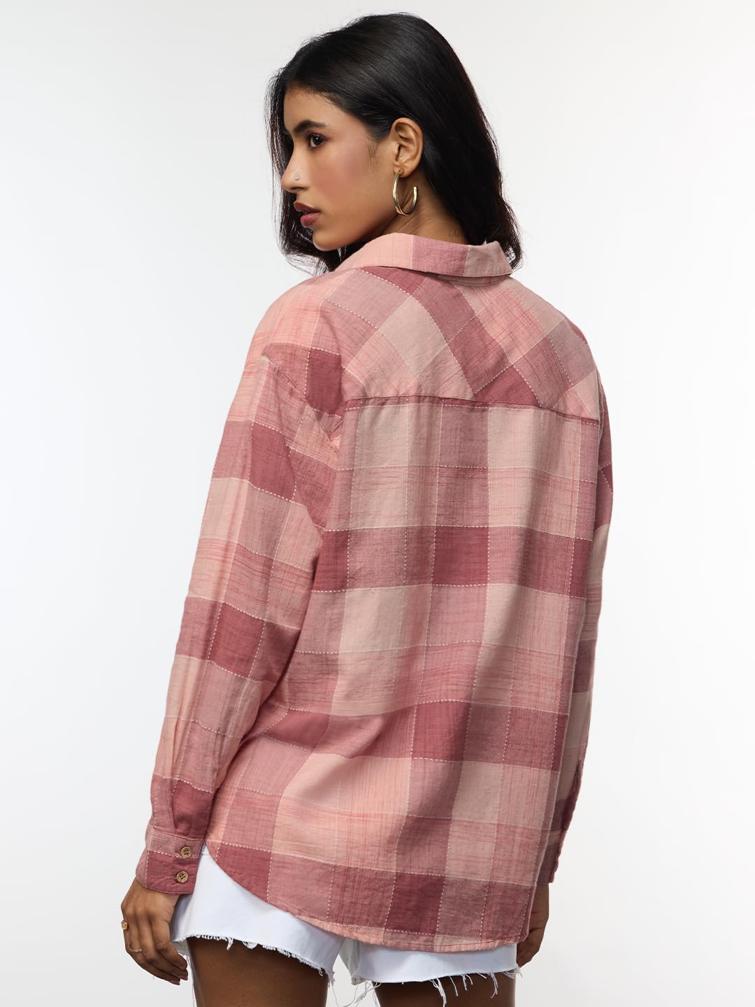 The Souled Store Plaid Shirt: Allure Women and Girls Long Sleeves Collared Neck Button Front Pink Cotton Boyfriend Shirts