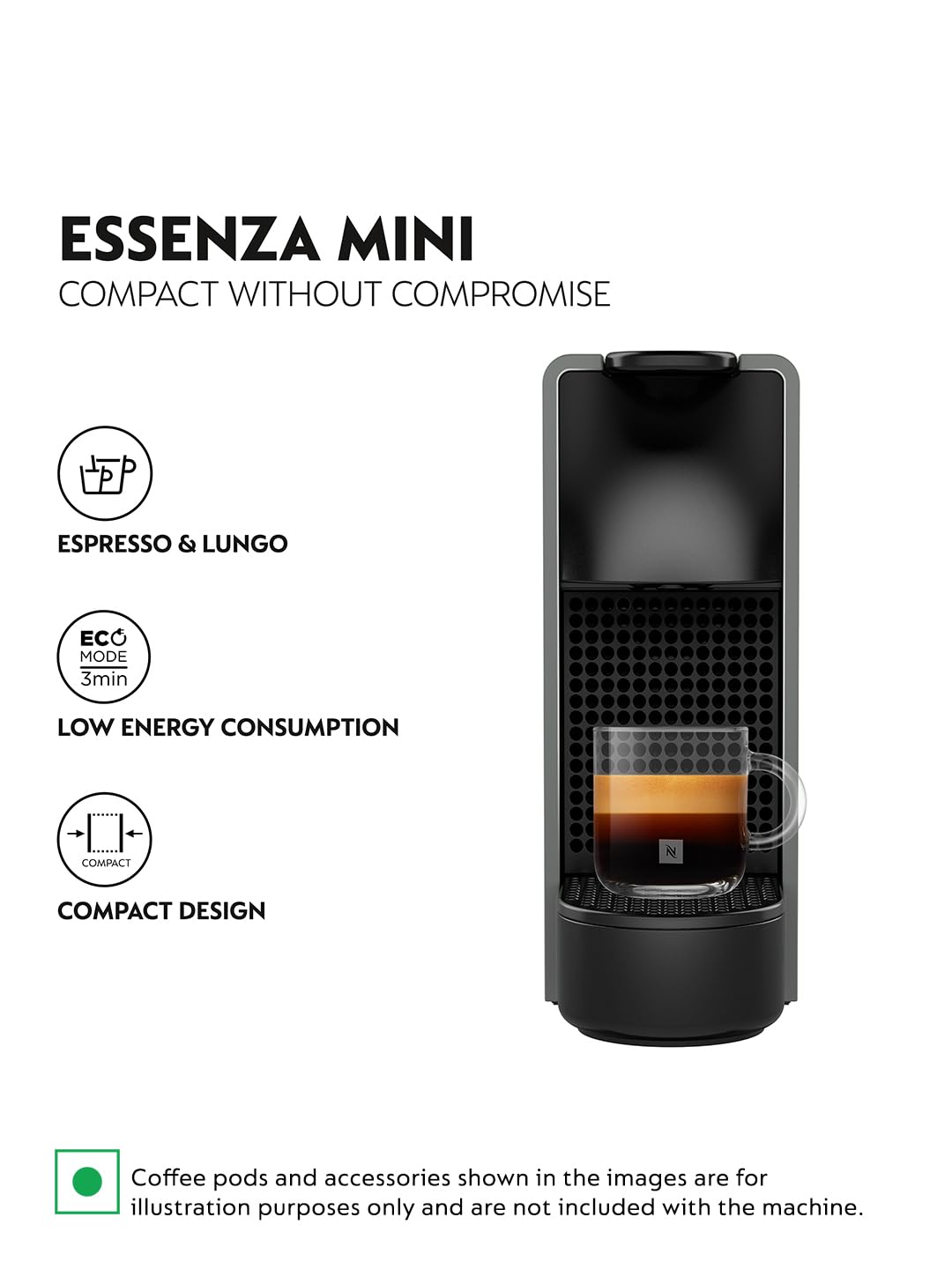 Nespresso Essenza Mini Coffee Machine (Silver) | Espresso Coffee Maker Machine for Home | One-Touch Original Coffee Maker | 220-240V | 2 Years Warranty | Authorized Distributor