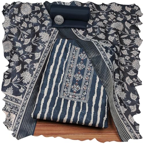 Biba Women Blue Chanderi Blend Printed Embroidered Unstitched Suit Set_FREE SIZE