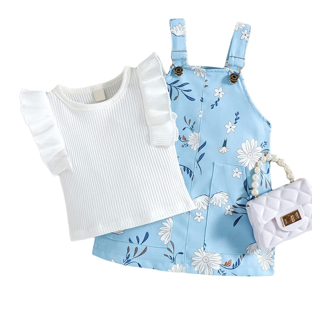 Hopscotch Girls Cotton and Polyester Floral Print T-shirt & Overall Pinafore Set in White Color For Ages 4-5 Years (BE1-4066901)