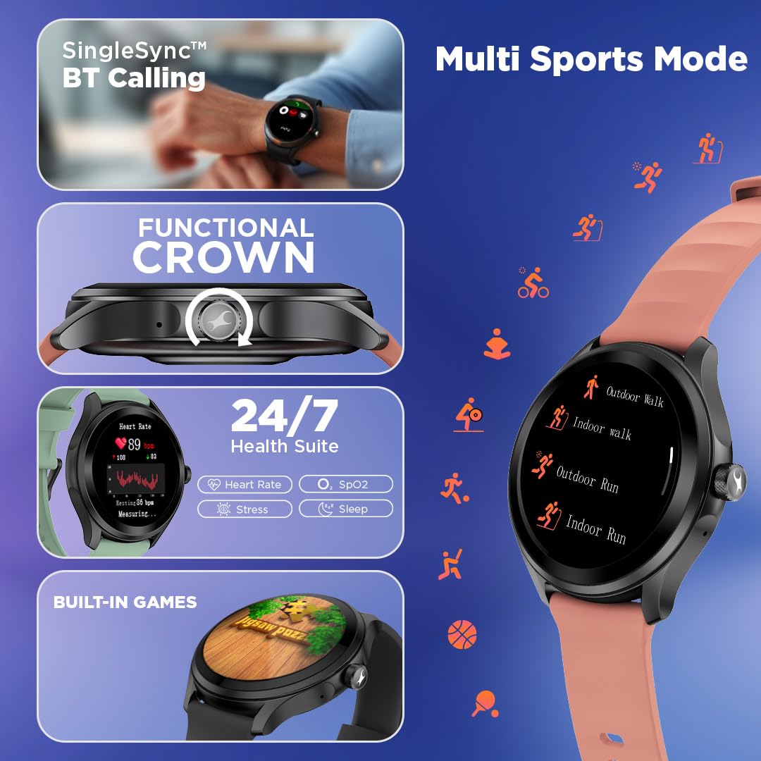Fastrack VOX Pro Smart Watch with Offline Voice Commands,to-Do List, Rotary Crown, 1.38” TFT Display, BT Calling, 24/7 Health Suite, SpO2, HRM, Sleep Tracking, IP68 Water Resistant - Leafy Sage