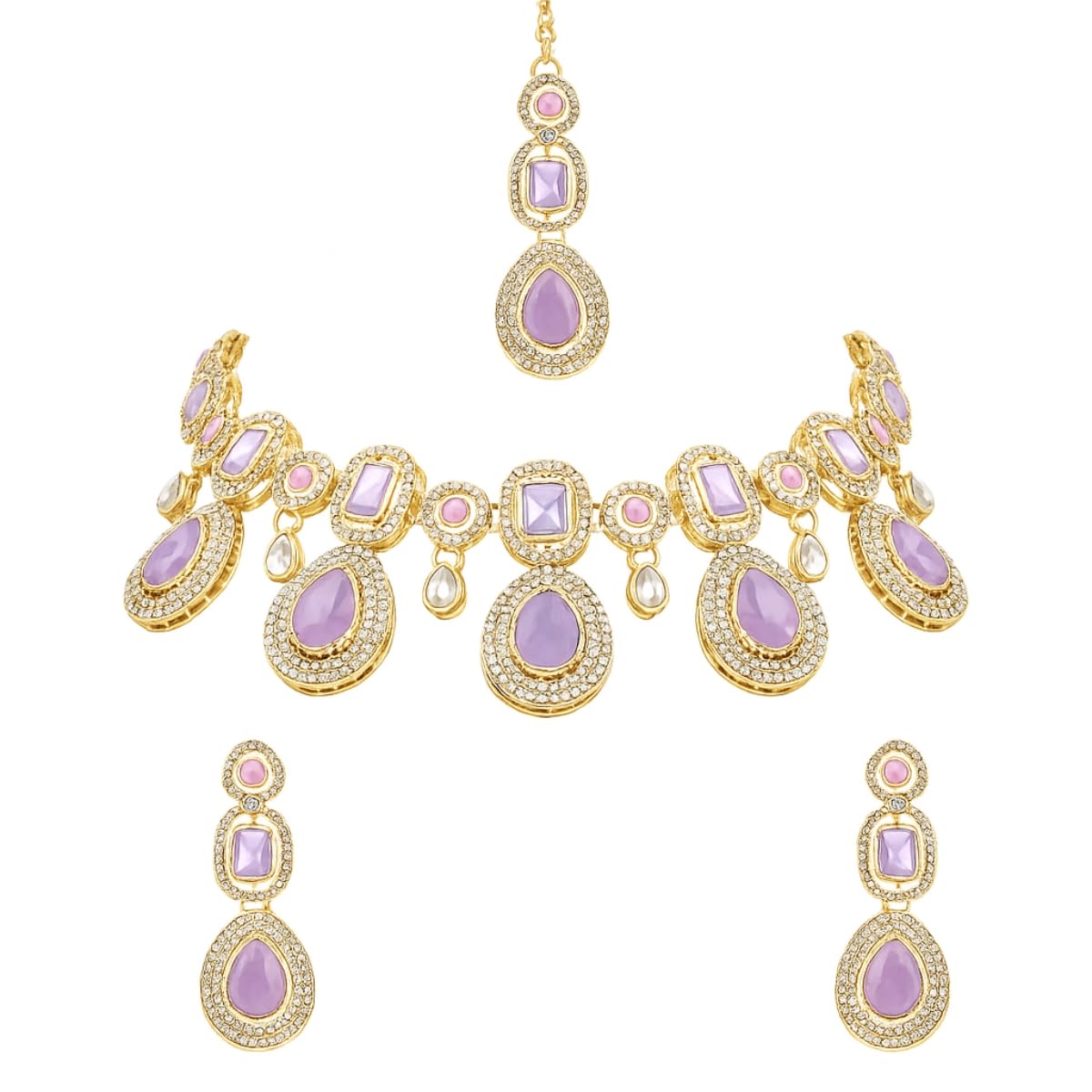 I Jewels Traditional Kundan & Stone Choker Necklace Jewellery With Earrings & Maang Tikka Set for Women/Girls (Light Purple)