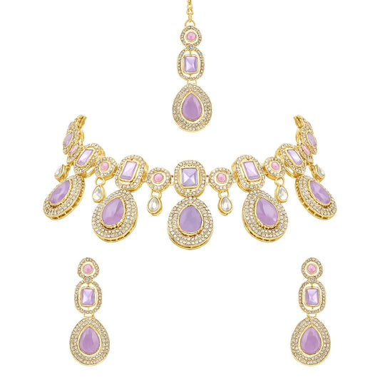 I Jewels Traditional Kundan & Stone Choker Necklace Jewellery With Earrings & Maang Tikka Set for Women/Girls (Light Purple)